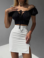 Женская классическая,офисная мини юбка с разрезом, на потайной молнии. Юбка белая,черная на высокой посадке Белый, 44/46, M-L