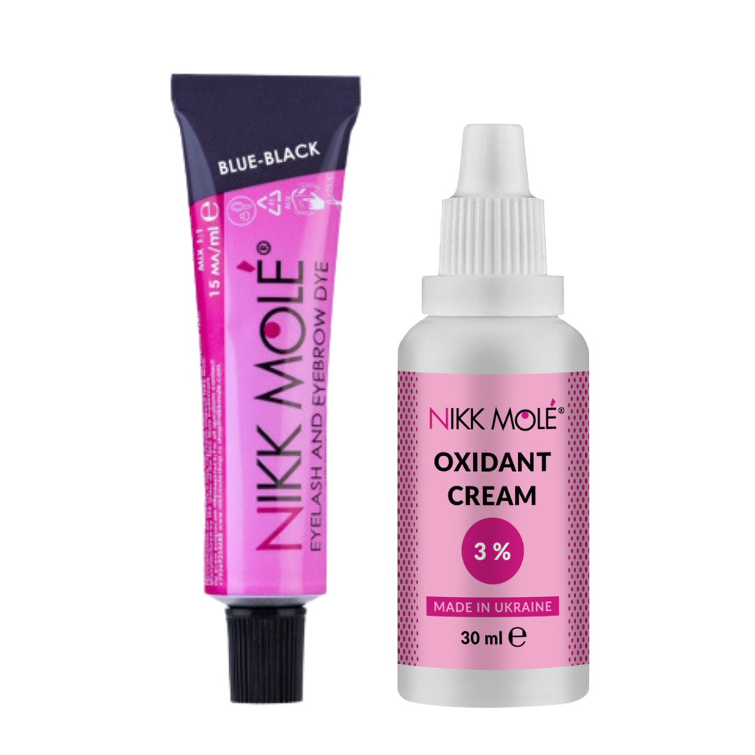 Синьо-чорна фарба + окислювач 3% для вій та брів в тубусі Nikk Mole, 15 мл