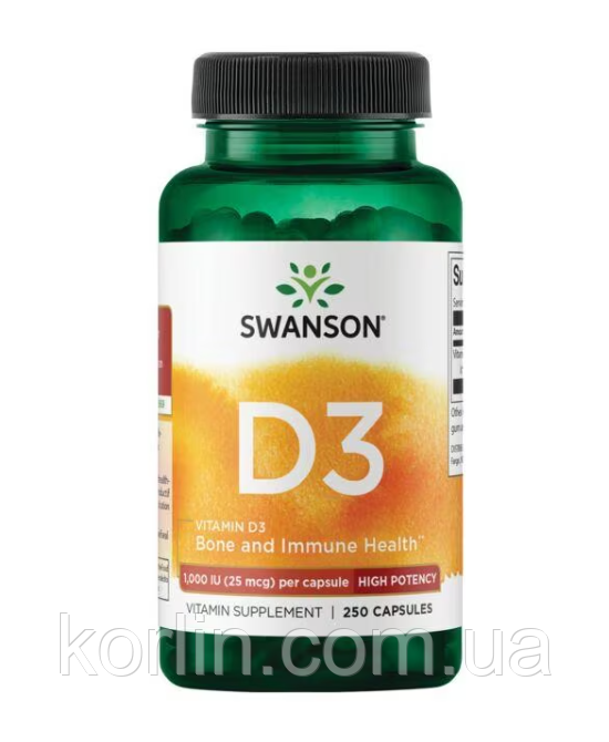 Вітамін D3 Vitamin D3 1000 МО (25 мкг) 250 капсул Swanson США, фото 1