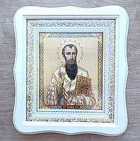 Ікона Василій Великий святитель, лик 15х18 см, у білому фігурному дерев'яному кіоті, тип 3