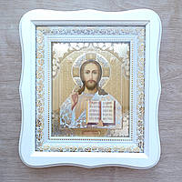 Икона Господа Вседержителя, лик 15х18 см, в белом фигурном деревянном киоте, тип 3