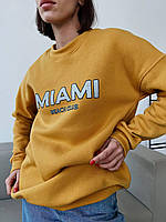 Женский теплый трендовый батник с надписью свитшот Miami оверсайз 42-46 толстовка Майами трехнить на флисе Горчичный
