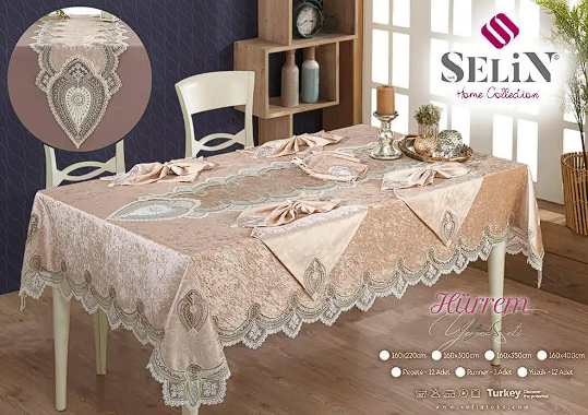 Набір скатертина та серветки на 12 персон на стіл 160x300  велюр, скатертина на стіл з ранером однотонна Кремовий, фото 1