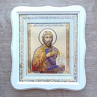Икона Ярослав Мудрый святой благоверный князь, лик 15х18 см, в белом фигурном деревянном киоте, тип 3