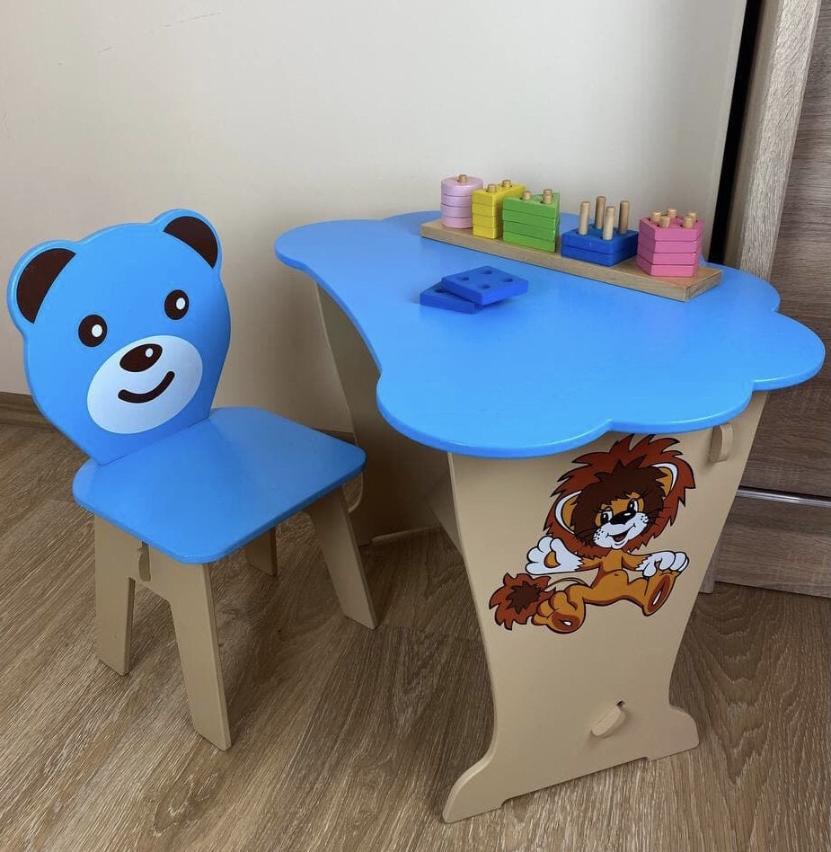 Дитячий столик і стільчик синій для малювання, гри, розвитку. Дерев'яний стіл і стільчик для дітей