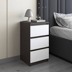 Тумба приліжкова VAYS, в спальню, сучасна, 3 шухляди, без ручок R-30 Венге Темний-Білий фасад