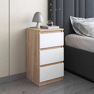 Тумба приліжкова VAYS, в спальню, сучасна, 3 шухляди, без ручок R-30 Дуб Сонома-Білий фасад