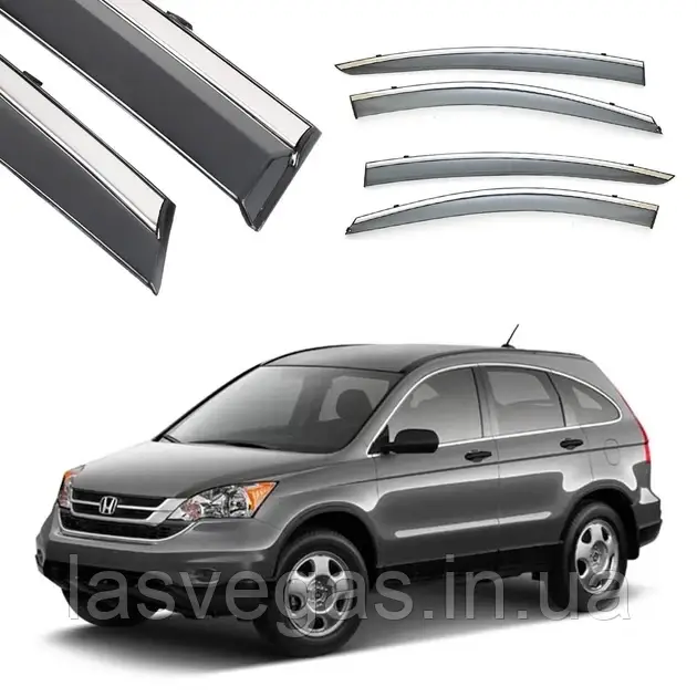Вітровики з хромом, дефлектори вікон Honda CR-V 2007-2012 (молддинг нержавейка), фото 1