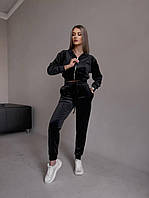 Черный женский модный велюровый спортивный костюм: кофта на змейке с капюшоном и штаны на манжете весна/осень