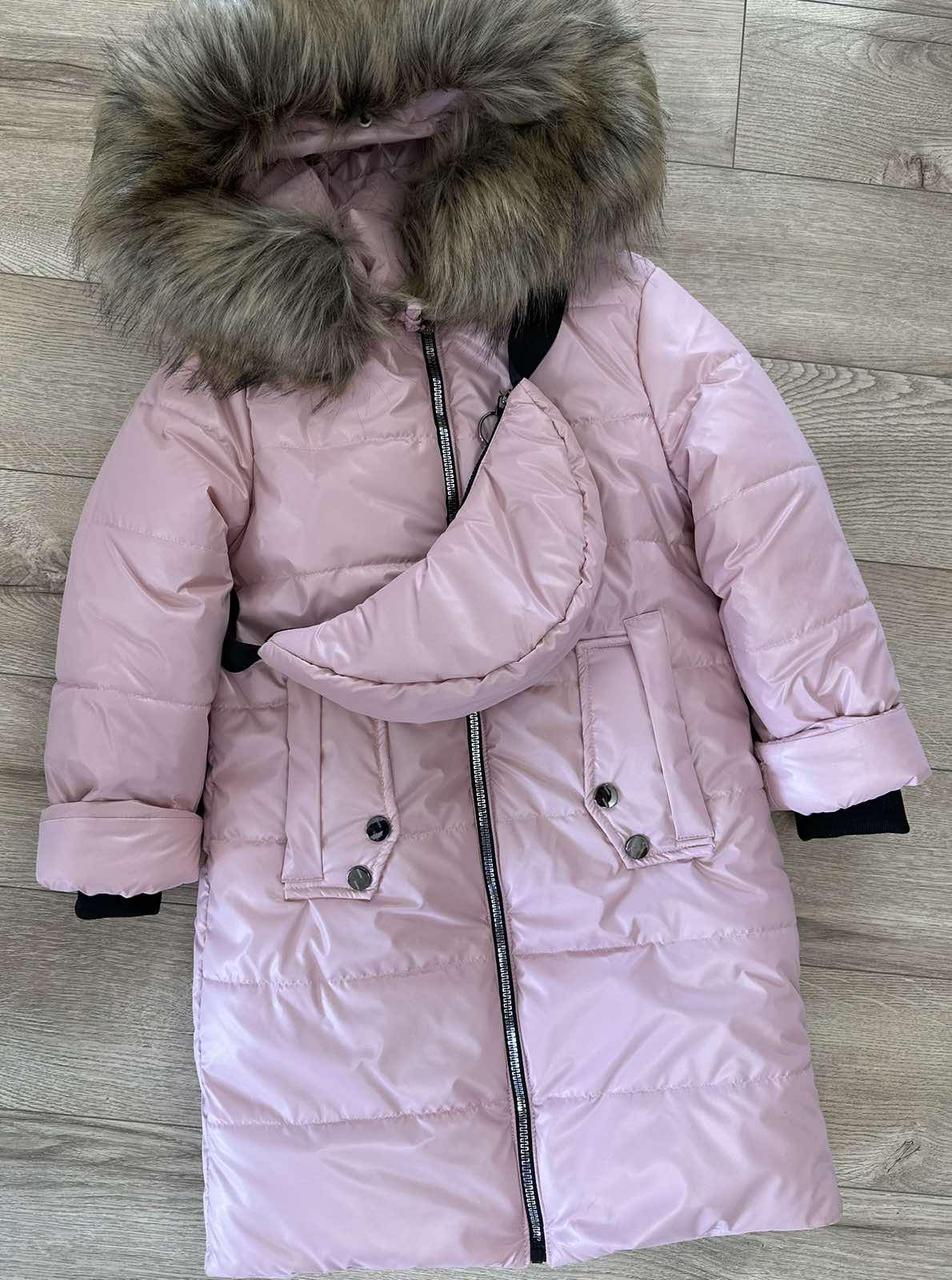 Куртка пальто дитяча зимова для дівчинки з сумочкою пудрового кольору, розміри 128, 134, 140, 146