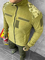 Тактическая флисовая кофта хаки с плащевкой пиксель Флиска мужская хаки на молнии ВСУ с липучками