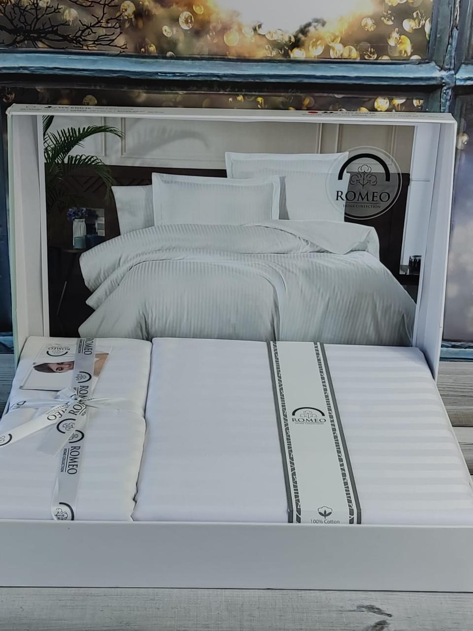 Постільна білизна сатин страйп євро розмір Romeo Home біла, фото 1