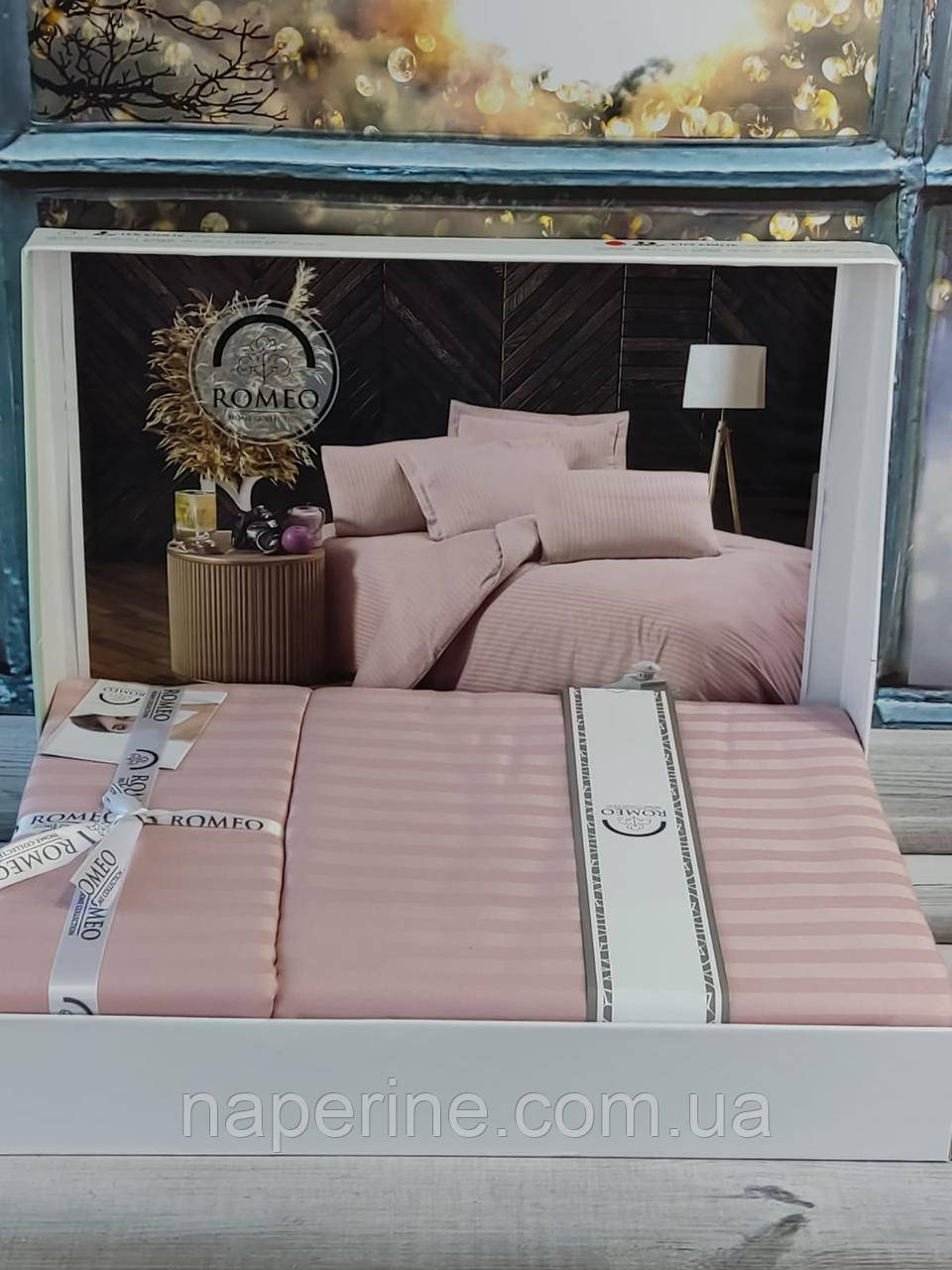 Постільна білизна сатин страйп євро розмір Romeo Home пудрова