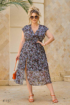 Приваблива жіноча шифонова сукня міді з V-образним вирізом горловини і талією на гумці з 48 по 70 розмір