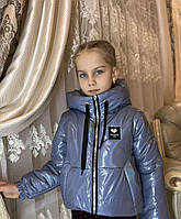 Детская короткая демисезонная курточка на девочку синего цвета с капюшоном размеры 116-140