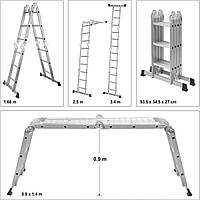 Лестница складная 4 секции x 3 ступени, h = 3.4 м, 94х35х27 см, алюминий + сталь, 17704 VOREL