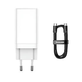 МЗП BASEUS GAN3 PRO FAST CHARGER 2C+U 65W EU WHITE(INCLUDE：BASEUS XIAOBAI SERIES FAST CHARGING CABLE TYPE-C TO TYPE-C 100W(20V/5A)