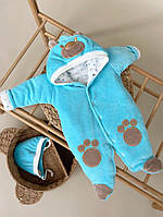 Детский демисезонный велюровый комбинезон для новорожденных с шапкой Панда - Лапки рост 56 см Lari Голубой