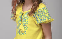 Вышиванка льнаная для девочки желто голубая с коротким рукавом блуза нарядная лен
