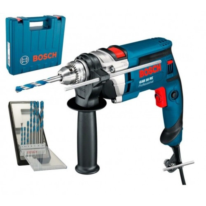 Дриль ударний Bosch GSB 16 RE (750 Вт, 13 мм) + набір сверл Robust Line CYL-9 MultiConstruction (7 шт.) (0615990L2N), фото 1