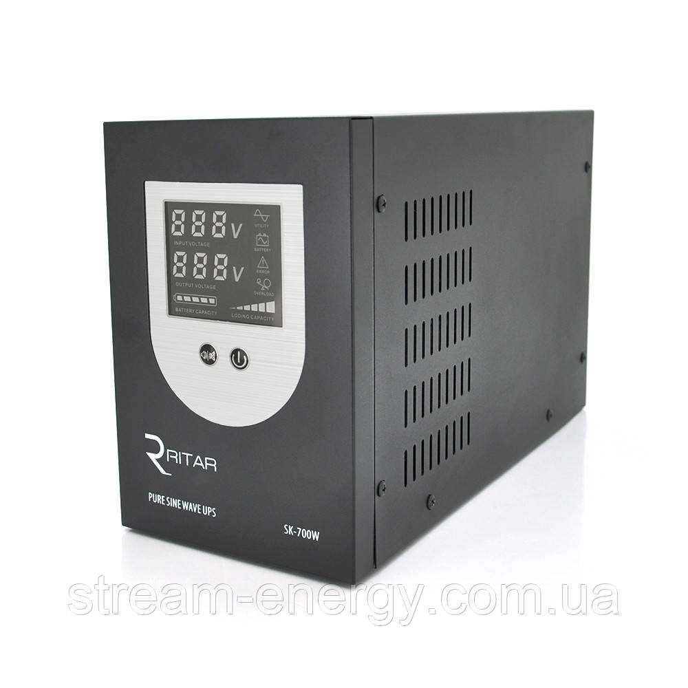 ДБЖ з правильною синусоїдою Ritar SK-1000VA (700W), DC: 145-275V, AC: 230V, LCD-дисплей, 2Shuko socket, 12V, під зовнішню батарею,