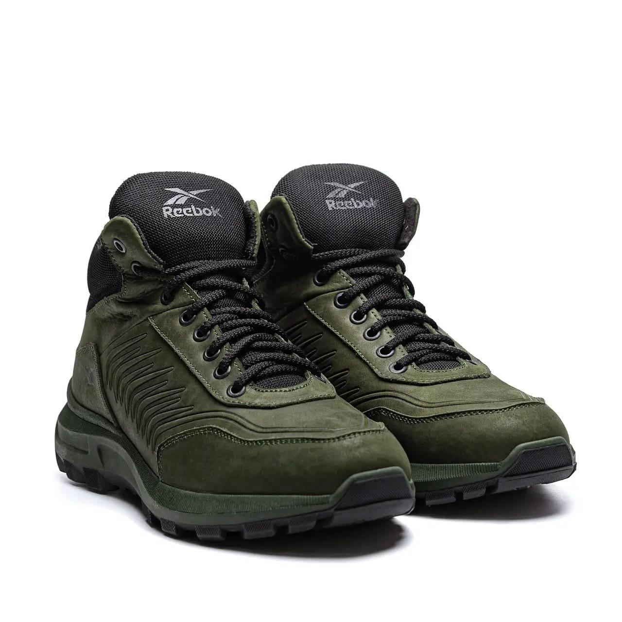 Чоловічі зимові шкіряні черевики з хутром хакі Reebok Classic Green, фото 1