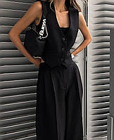 Женский брючной,жилеточный,классический, костюм 2-ка (брюки палаццо+жилет укороченный).Костюм черный,в полоску