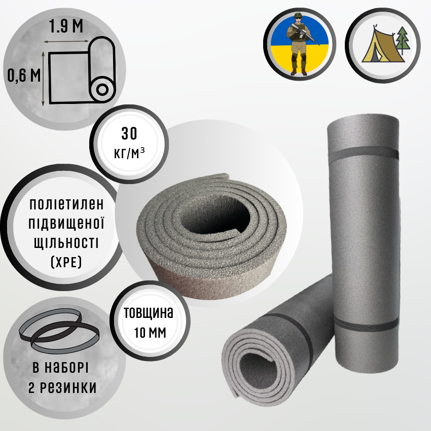 Каремат армейский 1,9*0,6м, 10мм толщина, военный коврик тактичний каремат 30кг/м3