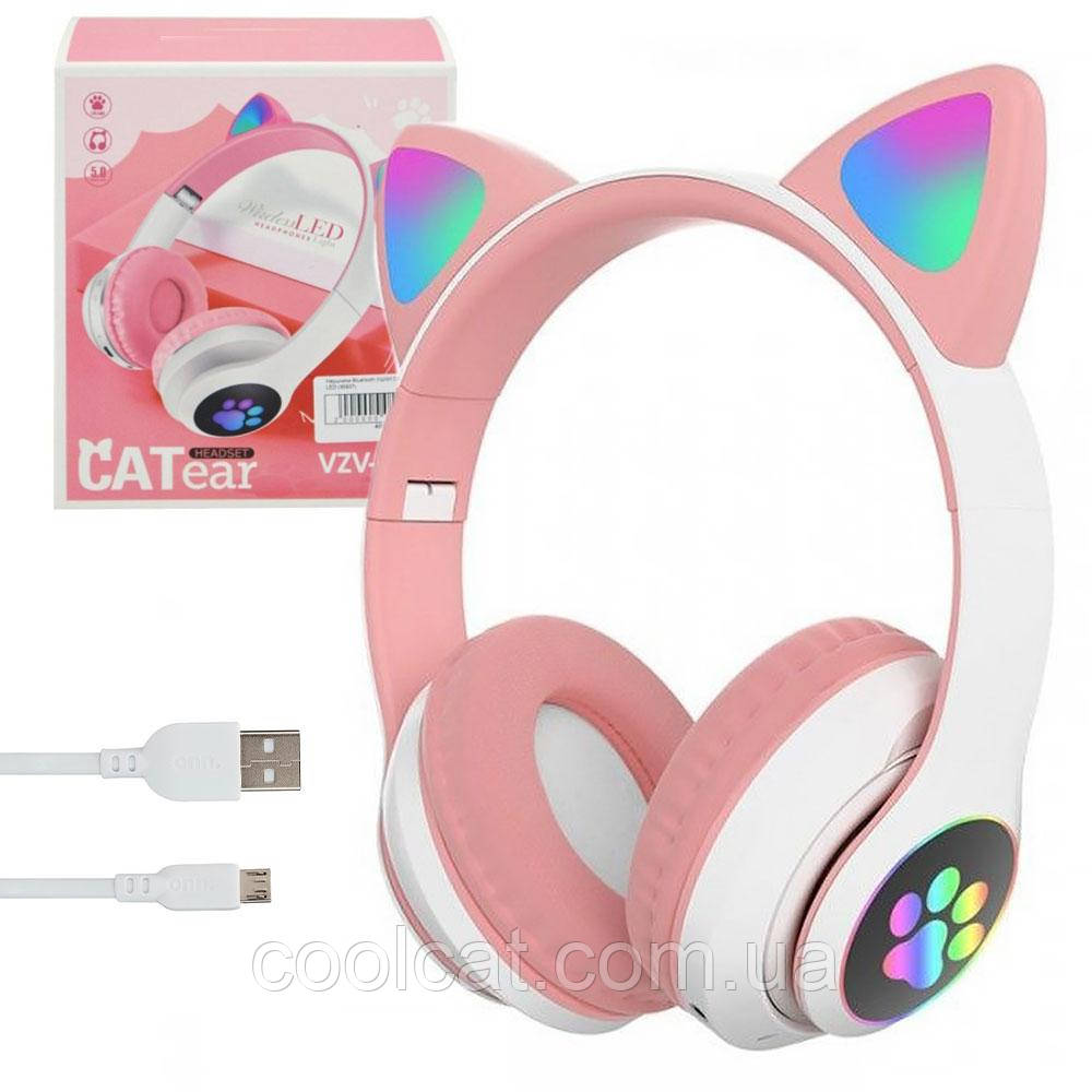 Бездротові Bluetooth навушники з котячими вушками VZV-23M на 400 mah, Рожеві / Дитячі навушники з підсвічуванням