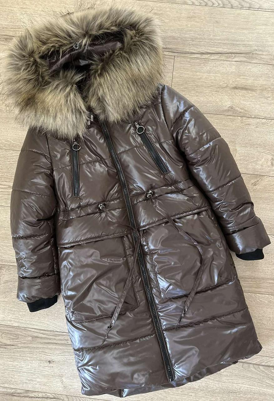 Зимова куртка пальто для дівчинки коричневого кольору на блискавці, розміри 140-158