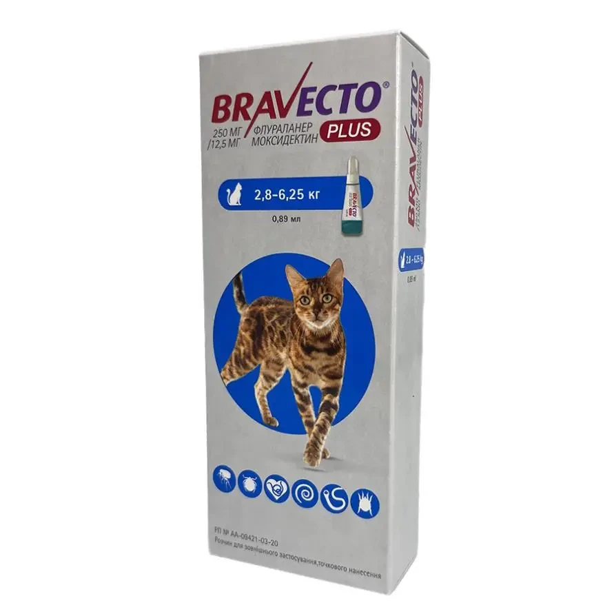 Бравекто Plus для Котів (Bravecto Plus Cat) вага 2,8 - 6,25кг 250мг краплі на холку