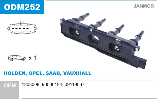 Котушка запалювання Janmor ODM252 для Opel Astra H, G, Corsa C, Meriva A, Signum, Tigra, Vectra B, C, Zafira A, Saab 9-3,, фото 1