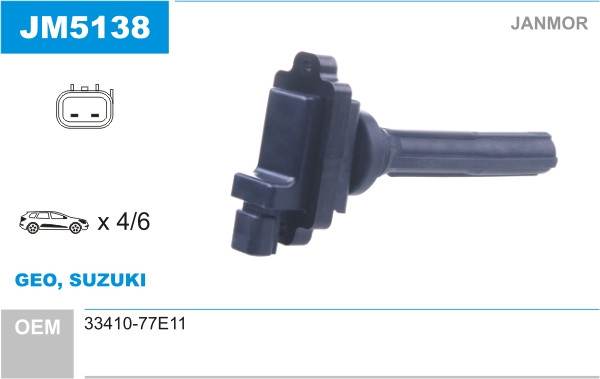 Котушка запалювання Janmor JM5138 для Suzuki, Baleno, Grand Vitara, оригінальні номери: 33410-77E11