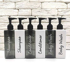 Набір дозаторів для ванної 250 мл "Самсон" білий + чорний пластик (6 шт.) напис англ.