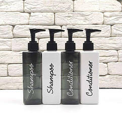 Набір пляшок для ванної з дозатором 250 мл "Оазис" білий + чорний пластик (4 шт) напис англ.