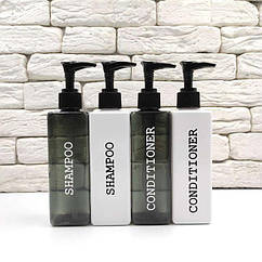 Набір пляшок для ванної з дозатором 250 мл "Іва" білий + чорний пластик (4 шт) англ.