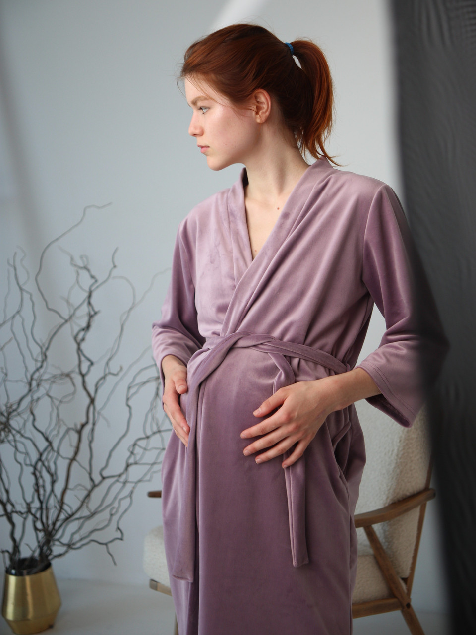 Халат плюшевий і бавовняна сорочка в пологовий будинок Pregnant Style Амелия-2 44 рожевий, фото 1