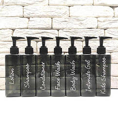 Набір пляшок для ванної з дозатором 250 мл "Прометей" чорний пластик (7 шт) напис англ.