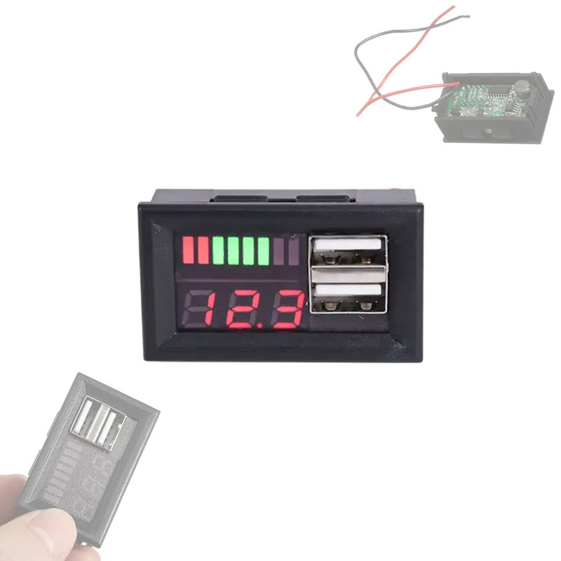 Індикатор заряду акумулятора, вольтметр 12В, 2xUSB, LED-дисплей, для авто та мотоцикла