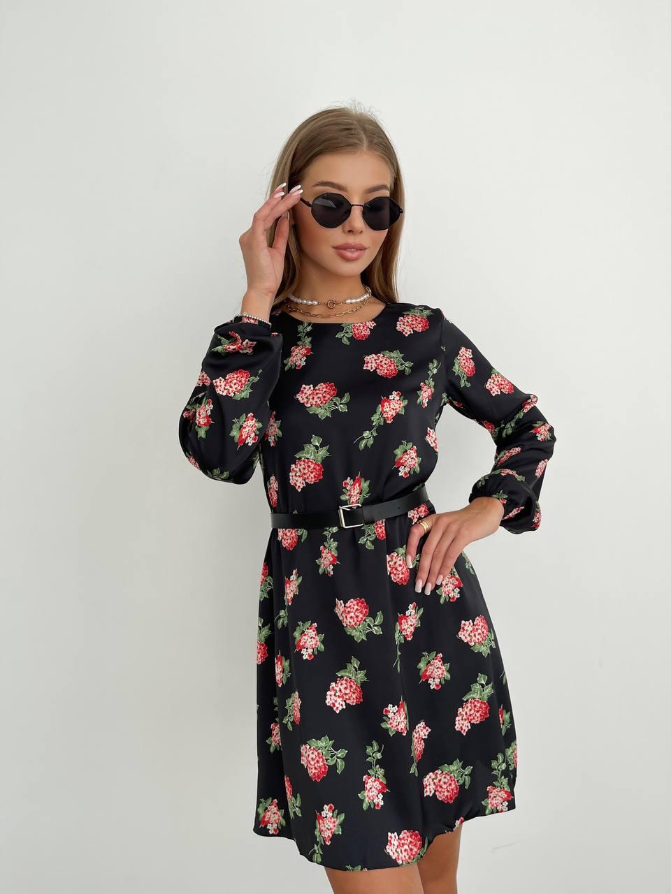 Модна коротка сукня "Боні" вільного крою у квіточку з довгим рукавом і поясом (42, 44, 46), Чорна
