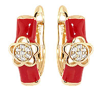 Серьги Xuping Позолота 18K английский замок "Цветочек с цирконием декор красной эмалью"