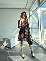 Модна шифонова сукня вільного крою у червону квіточку з довгим рукавом і поясом (42, 44, 46), Чорна