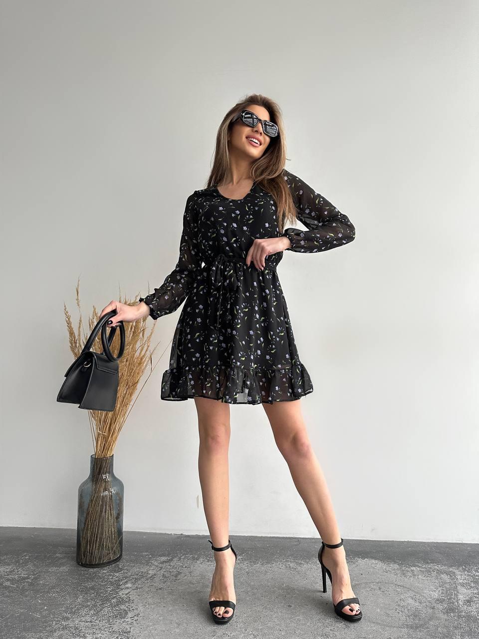Модне шифонове плаття вільного крою в дрібну квіточку з довгим рукавом і поясом ( 46), Чорне