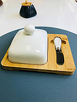 Масленка керамическая на деревянной подставке с ножом "Стокгольм" 18*16 см