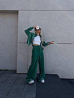 Женский велюровый мягкий прогулочный спортивный костюм кофта на молнии с капюшоном и широкие штаны Зеленый, 42/44