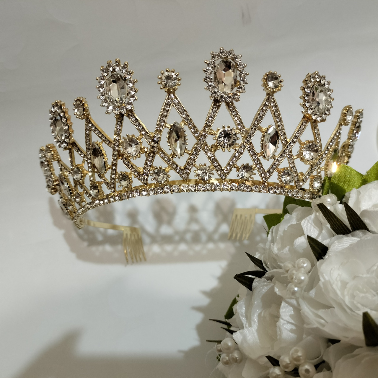 Діадема весільна висока з кристалами Сваровскі, корона золото