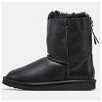 Женские зимние UGG Classic Short II ZIP Boot Black Leather черные кожаные угги классик шорт молния ботинки уги