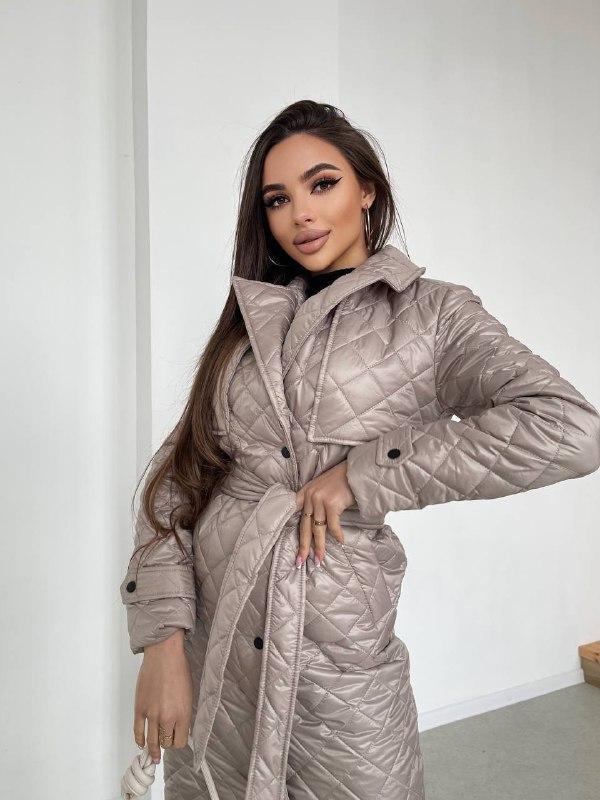 Жіноче стьобане пальто в ромб на кнопках з поясом (Розміри XS-S(42-44),M- L(46-48),XL(50)), Мокко