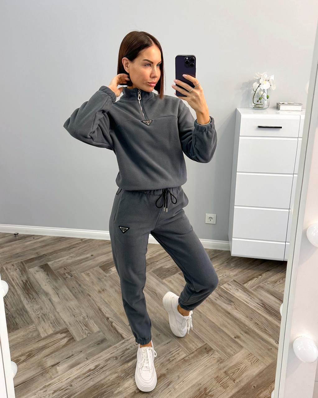Темно-сірий теплий жіночий спортивний костюм із флісу, фото 1