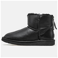 Женские зимние UGG Classic Mini II ZIP Boot Black Leather, черные кожаные угги классик мини молния ботинки уги